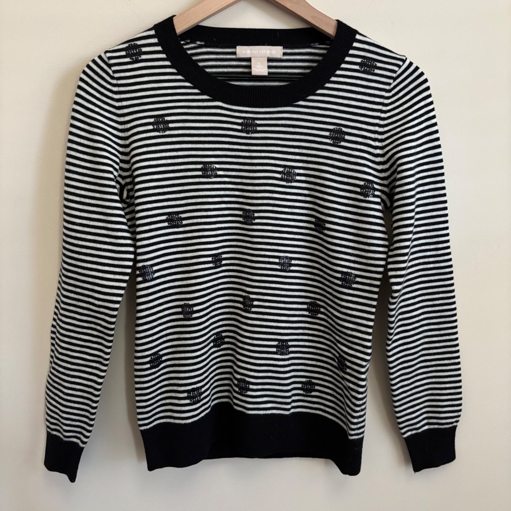Banana Republic Striped Sequin Polka Dot Wool Blend Crewneck Sweater Small Black